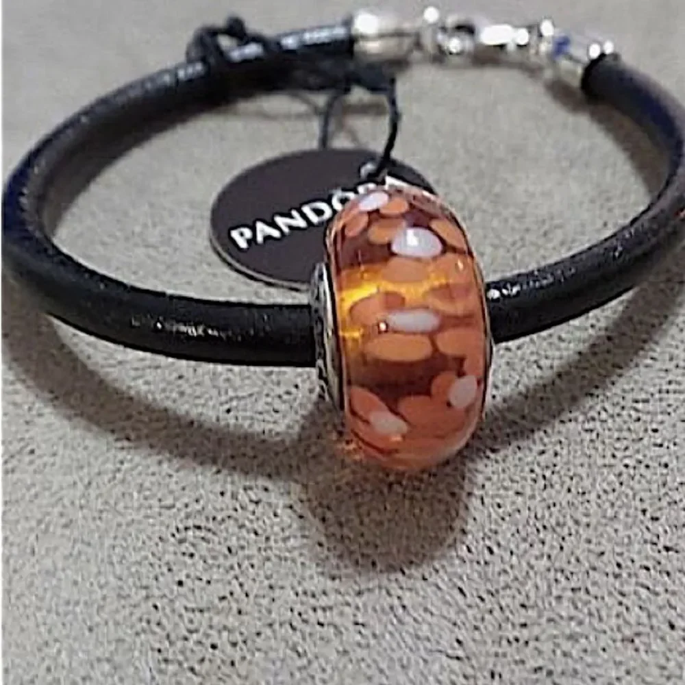 Pandora Orange Blossoms Glass Bead Leather Cord Bracelet!